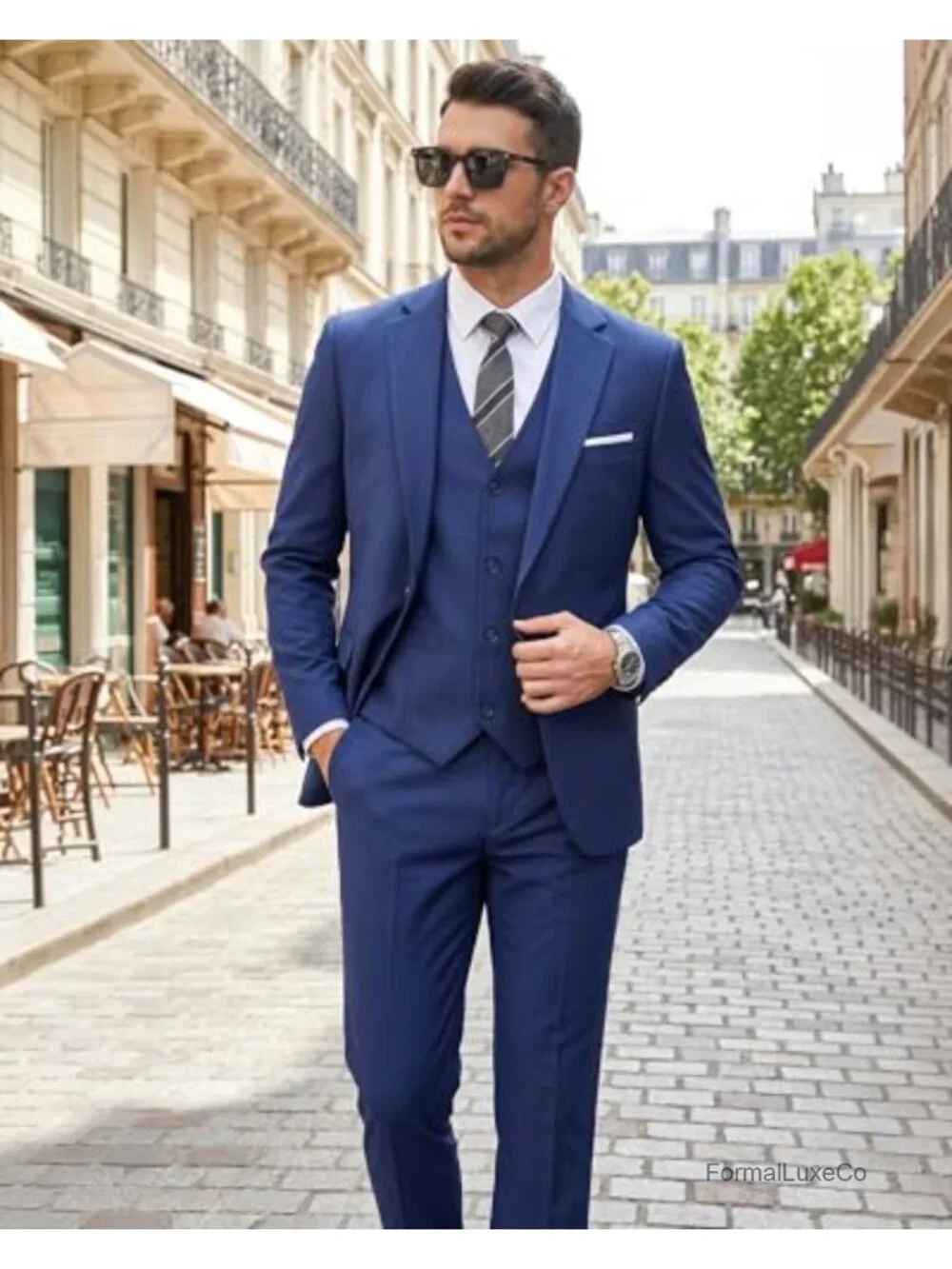 3-Piece Men's Slim Fit Suit Set with Vest and Tie, Polyester Spandex, Wedding